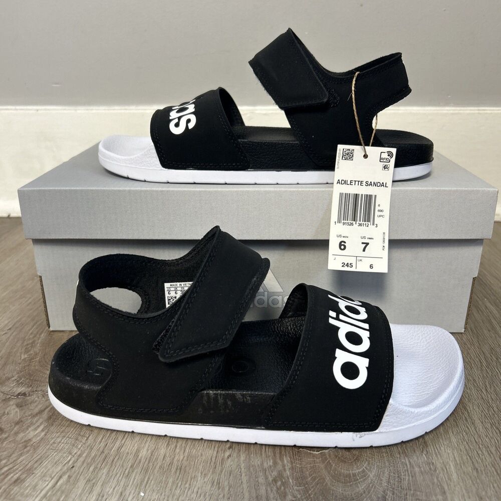 Adidas Adilette Beach Sandals Womens 7 Mens 6 Black White Athletic Strap F35416
